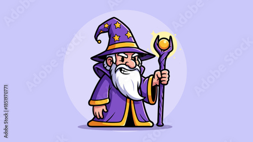 Cartoon Wizard with Staff and Pointed Hat Illustration.