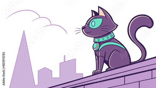 Futuristic Superhero Cat Sitting on Rooftop over City Skyline