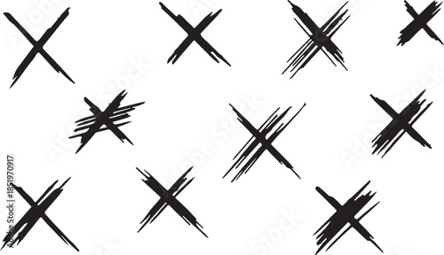 Black Cross Marks on White Background, Grunge X Symbols, Isolated Crossing Signs