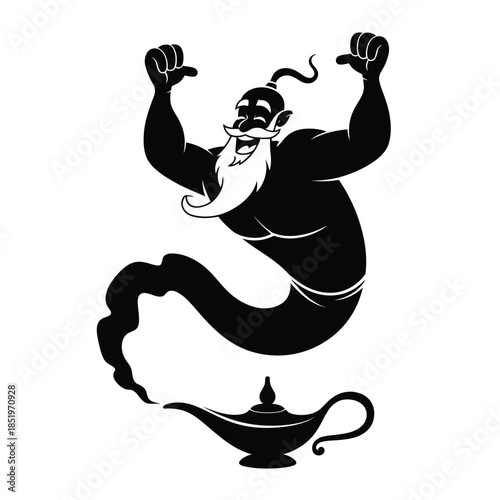 A mystical genie emerges from a classic oil lamp granting wishes