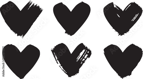 Black Hand Drawn Heart Symbols Isolated on White Background