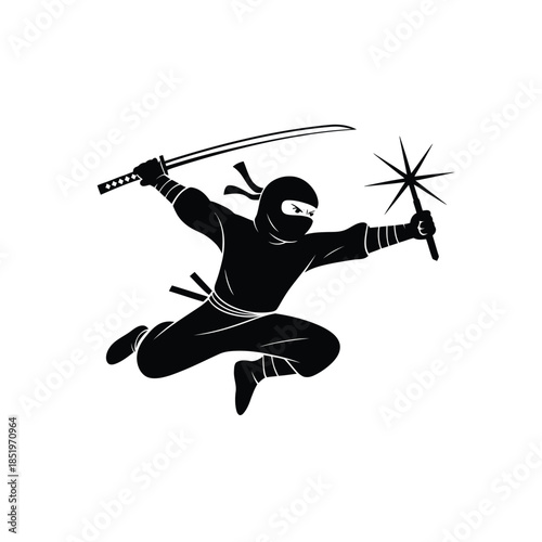 Dynamic ninja silhouette displaying martial arts prowess with sword and shuriken