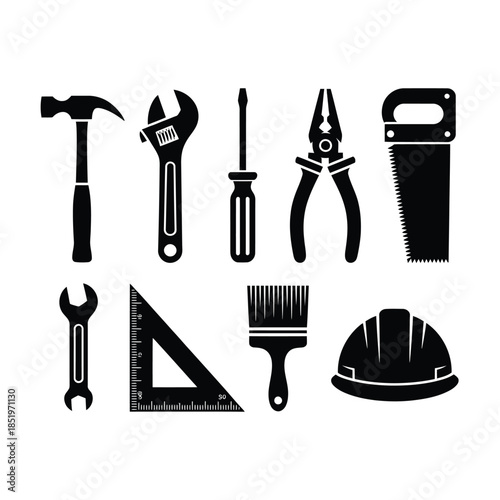 Essential construction and repair tools arranged in a simple black and white design