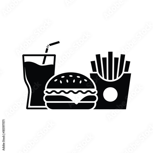 A simple black and white illustration of a burger fries and drink