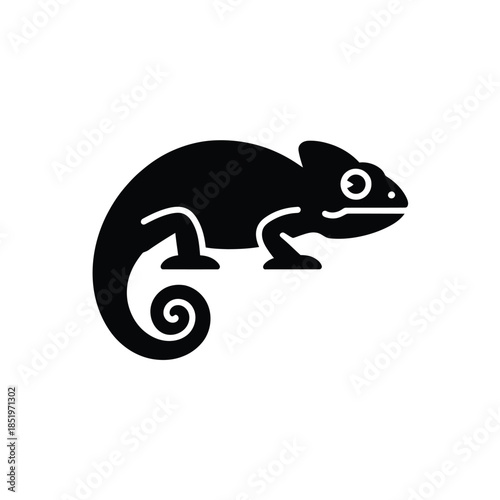 A simple black silhouette of a chameleon clinging to a branch