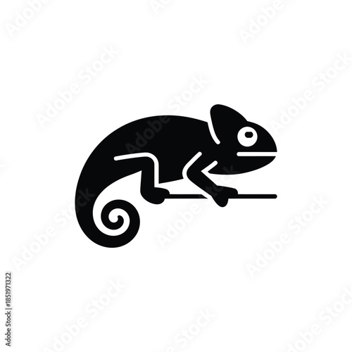 A simple black silhouette of a chameleon on a white background