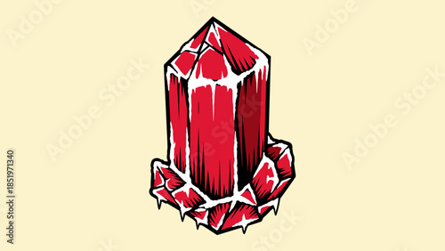 Illustration of a vibrant red crystal formation with sharp edges.