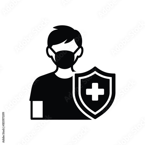 A silhouette of a person with a mask and protective shield icon