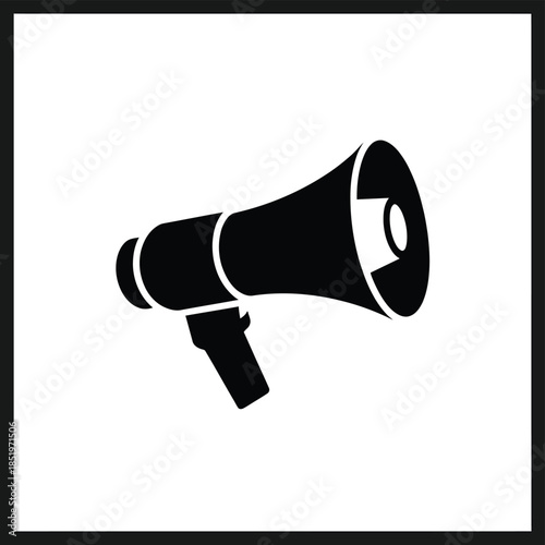 Simple black and white illustration of a vintage megaphone on white background