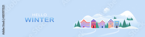 Winter holiday web banner with snowy landscape. Minimalistic banner for New Year holidays.