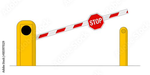 Stop Barrier Gate with Red Stop Sign and Yellow Posts