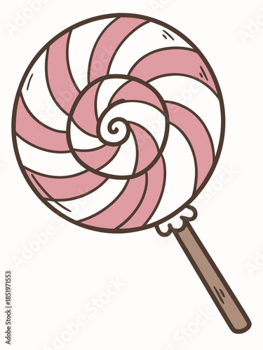 A cute cartoon illustration of a pink and white swirled lollipop on a stick.
