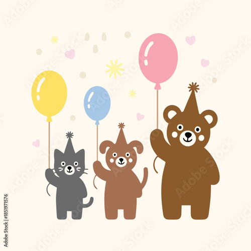 Cute Vector Animals Birthday Party Illustration. Kawaii Cartoon Cat, Dog, and Bear Celebration with Cake, Balloons, and Gifts.