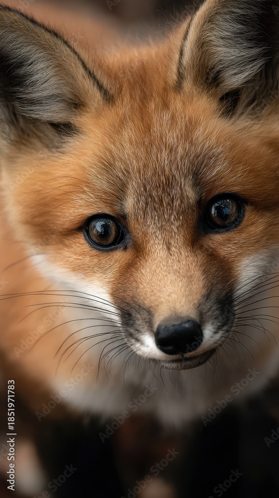Fototapeta premium cute baby fox close-up face, big eyes, shallow depth of field, vertical