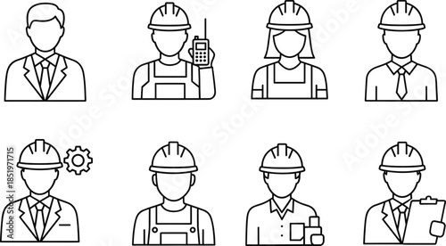 Engineering worker icons, construction professional symbols, project management illustration, occupational character set, technical team roles, business suit icon, workplace design