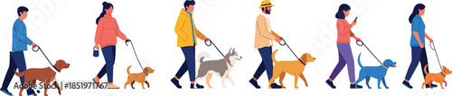 Dog walking, people with pets, casual activity, diverse breeds, outdoor lifestyle, cartoon illustration, pet care, leash training, social scene, modern art
