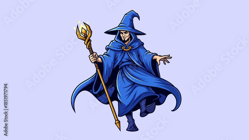 Illustration of a wizard with a staff casting a spell.