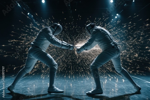 Fencing duel on stage as two fencers clash in sparks and high-energy dramatic performance