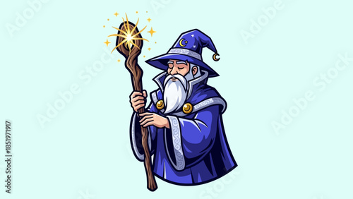 Enchanting Wizard Casting a Spell with Glowing Staff.