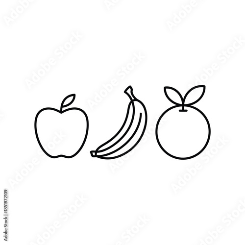 Simple line drawing of an apple banana and orange fruit collection