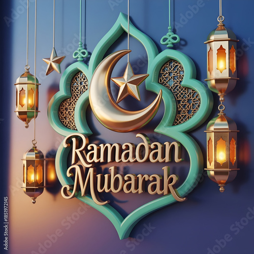 Ramadan Mubarak Festive Greeting with Golden Crescent Moon and Lanterns