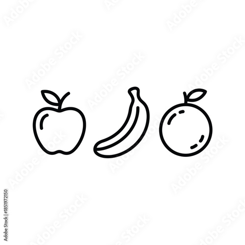 Simple line drawing of an apple banana peach and orange fruits