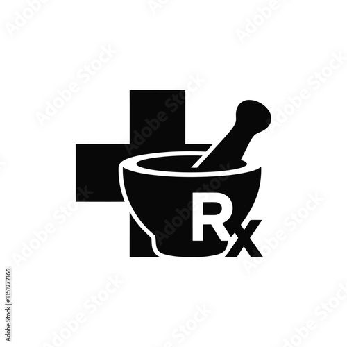 Pharmacy symbol featuring a mortar pestle and medical cross with an rx