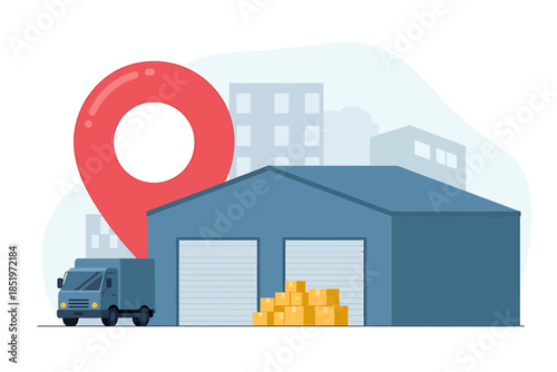 Warehouse with delivery truck and location pin illustration