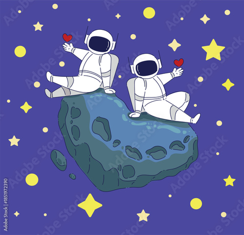 Playful Astronauts Swap Tokens On Asteroid, Two Space Explorers Share Tokens Above Starry Sky