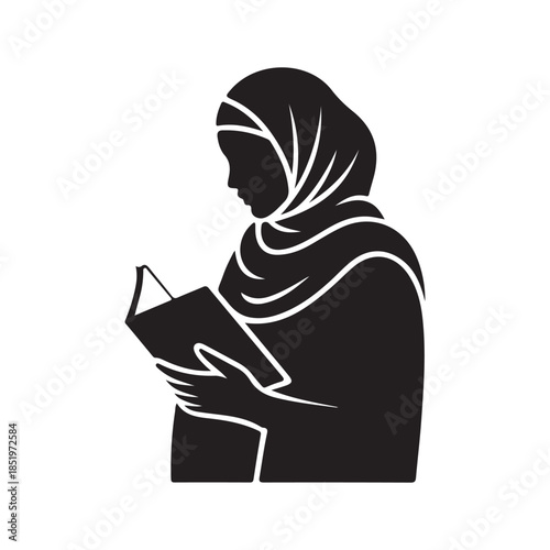 a silhouette of a woman wearing a hijab is deeply engaged in reading a book showcasing knowledge