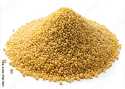 A pile of small, round, golden couscous grains on a white background isolated on white background