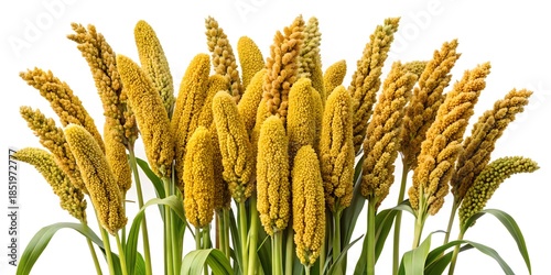 Close-up of ripe millet stalks with golden seed heads against a white background isolated on white background