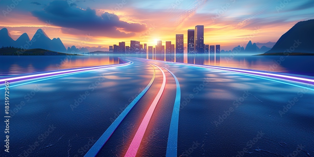 Obraz premium Futuristic cityscape with neon lights on a winding road at sunset