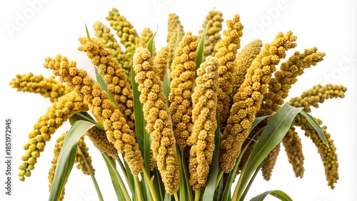 A close-up view of vibrant millet stalks with golden seed heads isolated on white background