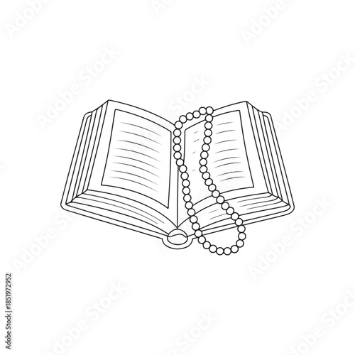 An open book with a string of beads resting upon its pages a simple black and white illustration