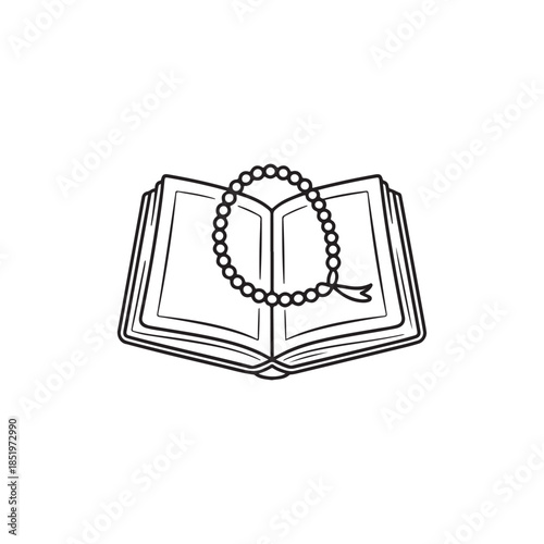 an open book with a string of prayer beads resting upon its pages presented in a simple line art style