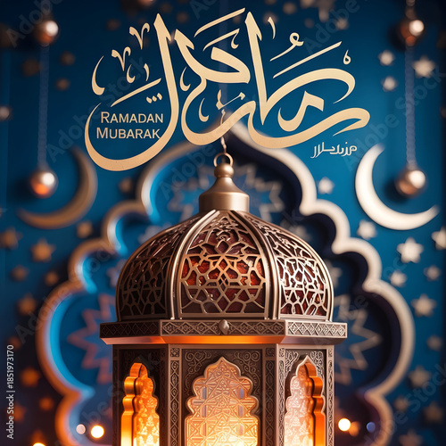 Ramadan Mubarak Greeting with Ornate Lantern and Calligraphy