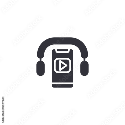 Online audio headset icon with play symbol, representing podcasts, music streaming, and immersive digital listening experiences.