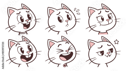 Cute Cartoon Cat Face Emotions Collection, Six Kawaii Expressions, Vector
