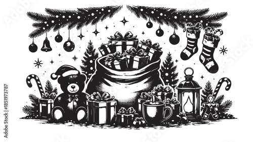 A festive holiday scene with teddy bear, gifts, and ornaments in a sack surrounded by Christmas decorations and lanterns.