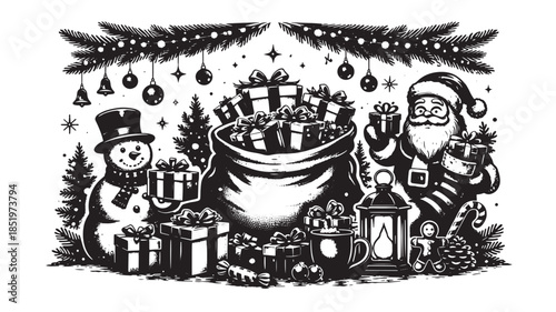 Festive Christmas scene with Santa, snowman, and gifts in a sack surrounded by decorations and trees