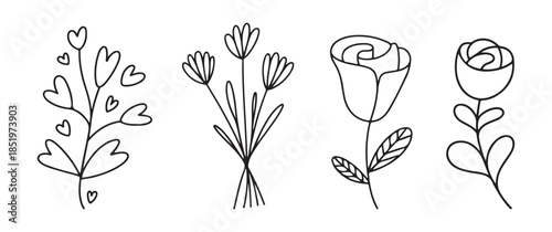 A delicate collection of hand drawn floral elements including roses hearts and leafy branches in a simple black and white style