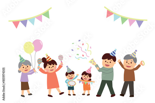 お祝いしている三世代家族