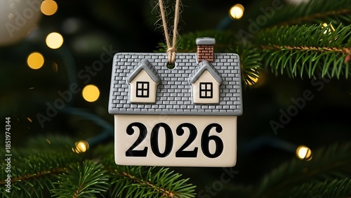 Ceramic house ornament dated 2026 hanging on a festive Christmas tree with bokeh lights