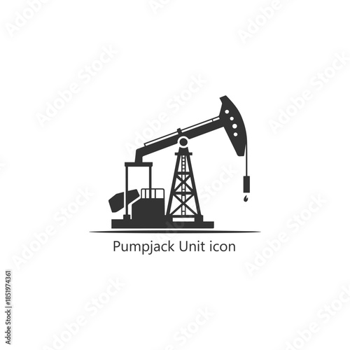 Oil pumpjack unit icon, land oilfield extraction rig silhouette, petroleum production equipment symbol, energy industry vector illustration isolated design

