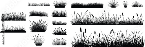 Grass meadow silhouette collection, wild field plants and reeds, natural landscape vegetation borders, minimal black nature design, cad drawing flat vector illustration