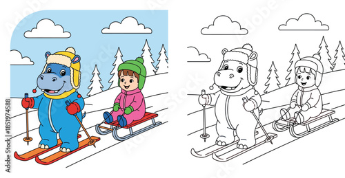 Cute cartoon hippo skiing and happy little girl riding a red sled. Funny animal character and child playing winter sports in snowy forest vector illustration for kids design.