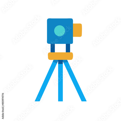Simple flat-style vector camera on tripod with black background