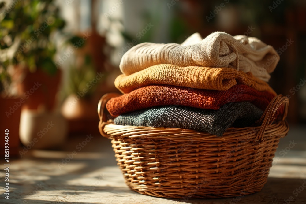 Obraz premium Stacked warm knitwear in a woven basket creating a cozy household scene