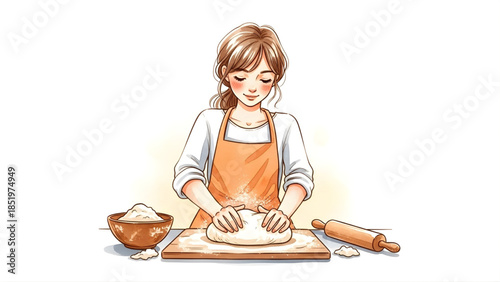 Charming illustration capturing a woman's focused artistry as she expertly kneads dough, symbolizing the heartwarming essence of homemade culinary creation